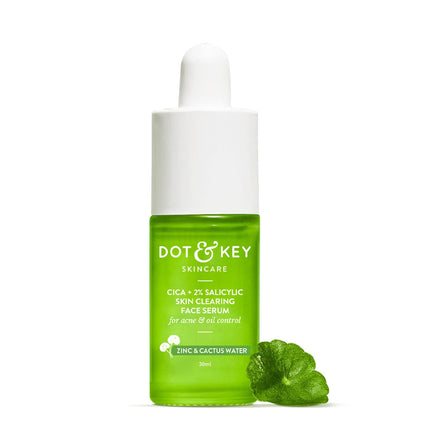 Dot & Key 2% Salicylic Acid + Cica Anti Acne Serum with Zinc, showcasing the product packaging. Ideal salicylic acid serum for acne and dark spots, perfect for oily and sensitive skin.