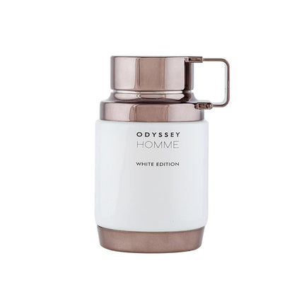 Armaf Odyssey White Edition 2.0 Edp, a premium woody aromatic scent showcasing vibrant notes of Yuzu and Pink Pepper.