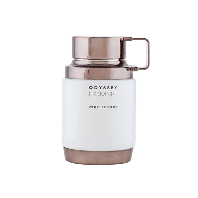 Armaf Odyssey White Edition 2.0 Edp, a premium woody aromatic scent showcasing vibrant notes of Yuzu and Pink Pepper.