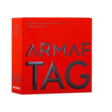 Elegant packaging of Armaf Tag Him Uomo Rosso Red Eau De Parfum For Him 100ml, showcasing it as a luxury perfume for men.