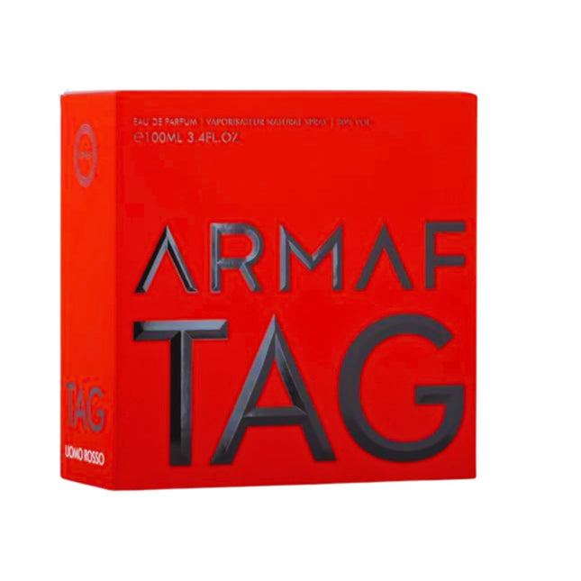 Elegant packaging of Armaf Tag Him Uomo Rosso Red Eau De Parfum For Him 100ml, showcasing it as a luxury perfume for men.