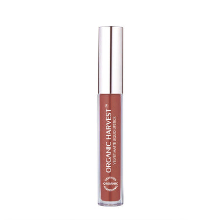 Close-up of Organic Harvest Velvet Matte Liquid Lipstick in Cinnamon Brown, highlighting its organic and cruelty-free properties.