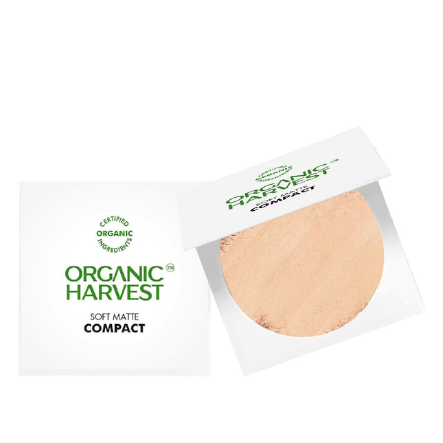 Close-up of Organic Harvest Soft Matte Compact showcasing its smooth texture, designed as an organic face compact with SPF 30 for sun protection.