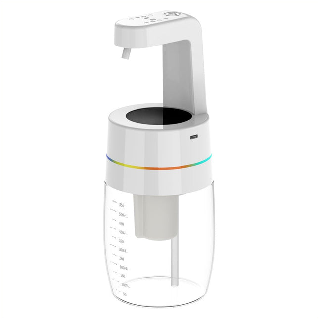 White 550ml automatic soap dispenser with clear glass reservoir and colorful led ring for home and office use