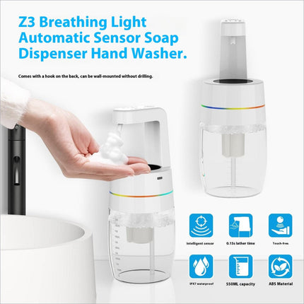 White 550ml automatic soap dispenser with infrared sensor, transparent base, and rainbow accent ring for home and office use