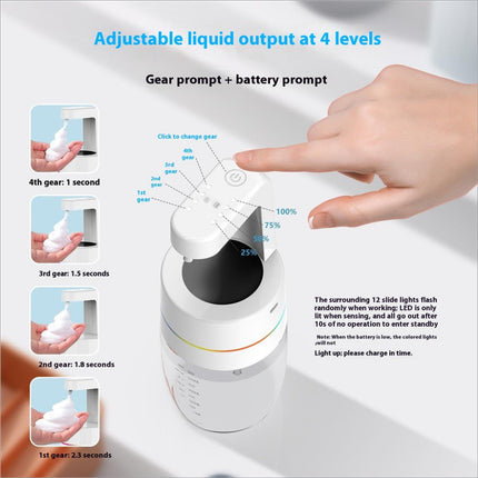 White 550ml automatic soap dispenser with adjustable liquid output, infrared sensor, and led battery indicator lights