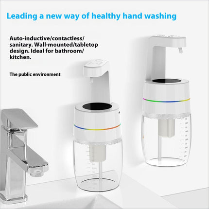 White and transparent 550ml automatic soap dispenser with infrared sensor and rainbow accent bands for home and office use