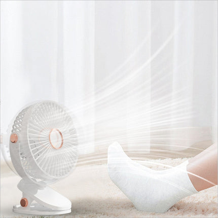 White 6 inch desktop clip fan with rose gold accents usb rechargeable 6 speeds portable atmosphere light