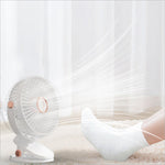 White 6 inch desktop clip fan with rose gold accents usb rechargeable 6 speeds portable atmosphere light