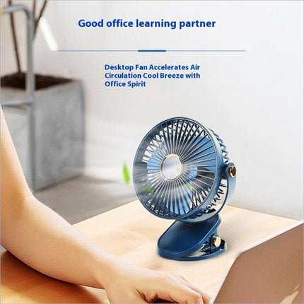 Blue 6 inch desktop clip fan with atmosphere light metallic accents USB rechargeable portable fan
