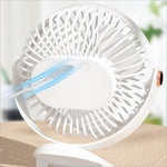 White 6 inch desktop clip fan with sleek circular design copper accent usb rechargeable portable fan atmosphere light