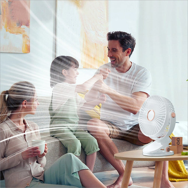 White 6 inch desktop clip fan with circular grille rose gold accents atmosphere light and 6 speeds usb rechargeable