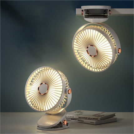 White and rose gold 6 inch desktop clip fan with radial blades atmosphere light 6 speeds usb rechargeable portable fan