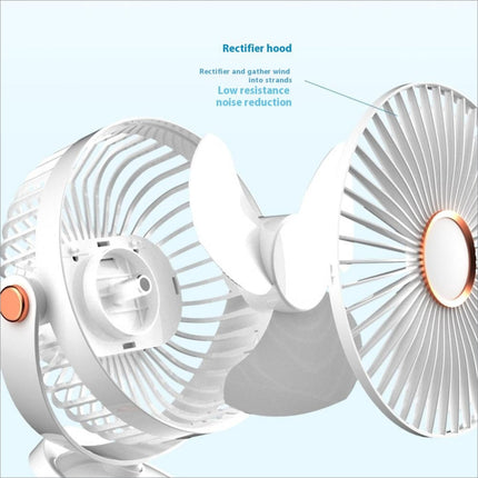 White and copper-accented 6 inch desktop clip fan with radial blades usb rechargeable and 6 speed settings