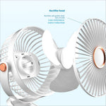 White and copper-accented 6 inch desktop clip fan with radial blades usb rechargeable and 6 speed settings