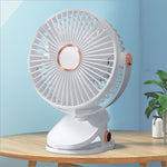 White 6 inch desktop clip fan with rose gold accents circular grille usb rechargeable portable fan with atmosphere light