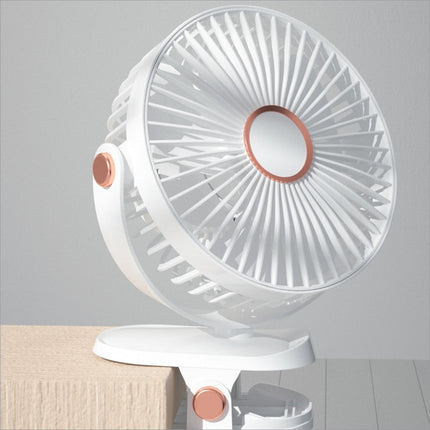 White 6 inch desktop clip fan with rose gold accents circular grille 6 speeds usb rechargeable portable fan