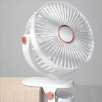 White 6 inch desktop clip fan with rose gold accents circular grille 6 speeds usb rechargeable portable fan