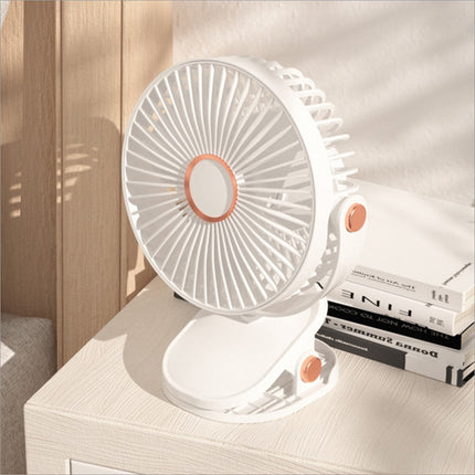 White 6 inch desktop clip fan with orange accent rings and atmosphere light 6 speeds usb rechargeable portable fan