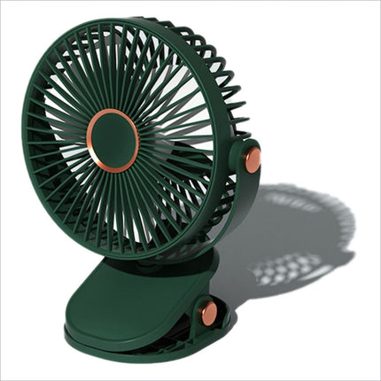 Dark green 6 inch desktop clip fan with copper accents USB rechargeable 6 speeds and atmosphere light portable fan