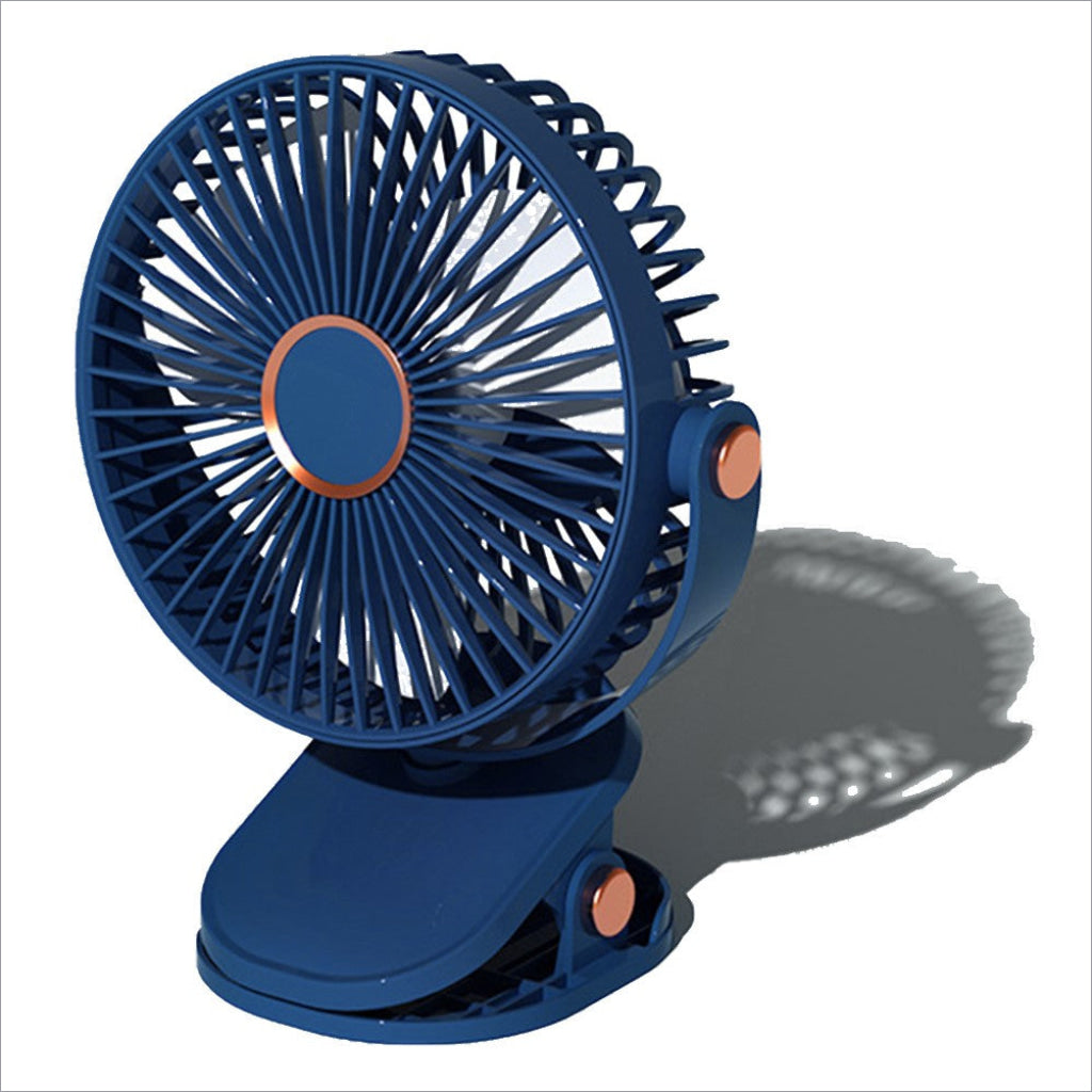Blue 6 inch desktop clip fan with copper accents and circular grille design usb rechargeable portable fan