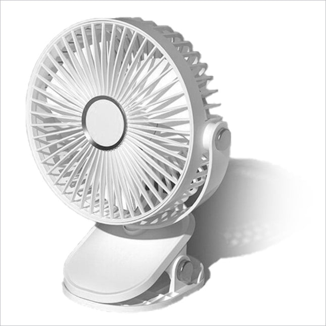White 6 inch desktop clip fan with circular grille sleek plastic design and atmosphere light USB rechargeable portable fan