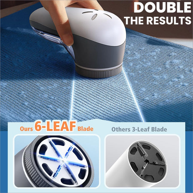 White and gray fabric shaver electric with 6-leaf blade design for clothing couch and furniture lint removal