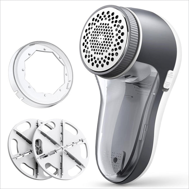 Gray and white fabric shaver electric with 6-leaf blades and interchangeable metal and plastic attachments for clothing and furniture