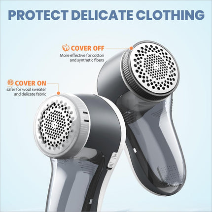 Black and white fabric shaver electric with 6 leaf blades and interchangeable covers for clothing and furniture lint removal
