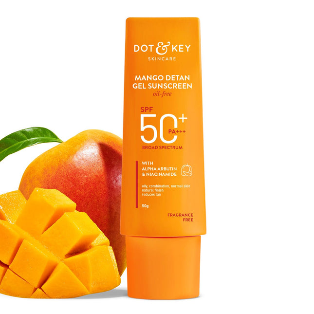 Dot & Key Mango Detan Gel Sunscreen SPF 50+ PA+++ 50g - Oil-Free, Ultra-light formula with Alpha-Arbutin & Niacinamide for tanning control and skin brightening.