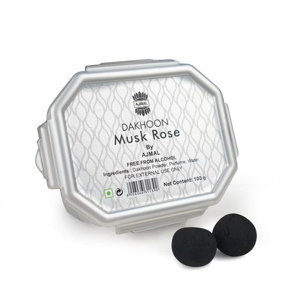 Ajmal Oud Bakhoor Dakhoon Musk Rose - Luxurious Arabic incense for prayers with a rose fragrance, perfect for meditation and Ramadan.
