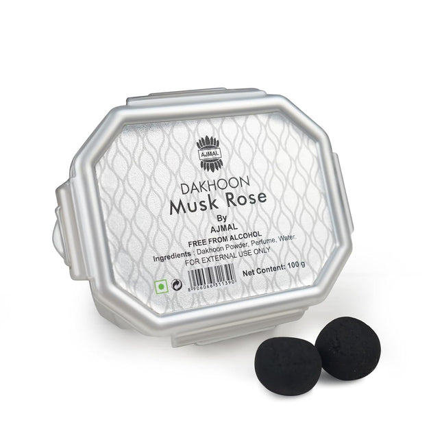 Ajmal Oud Bakhoor Dakhoon Musk Rose - Luxurious Arabic incense for prayers with a rose fragrance, perfect for meditation and Ramadan.