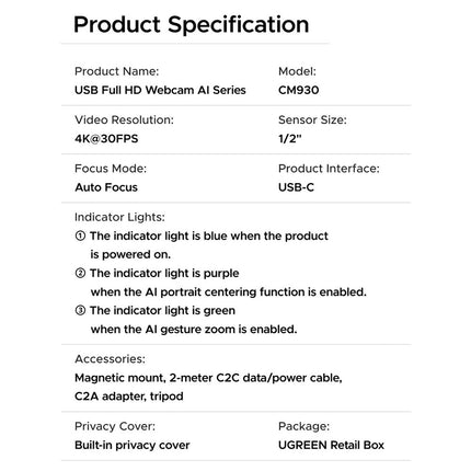 UGREEN CM930 4K AI Tracking Webcam – 8MP Autofocus, Dual Mic