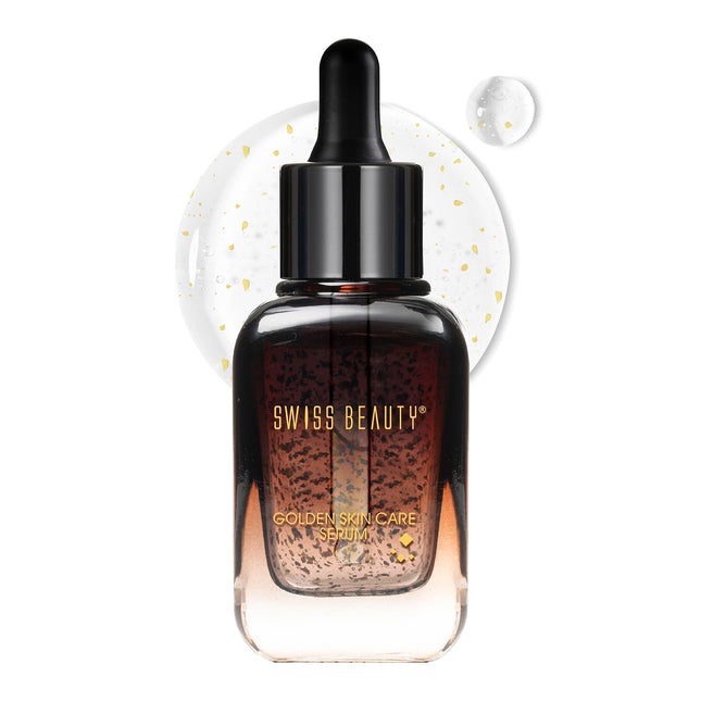 Swiss Beauty 24K Gold Lightweight Skin Care Serum displayed with glowing texture, formulated with Honey and Niacinamide, promotes radiant skin.