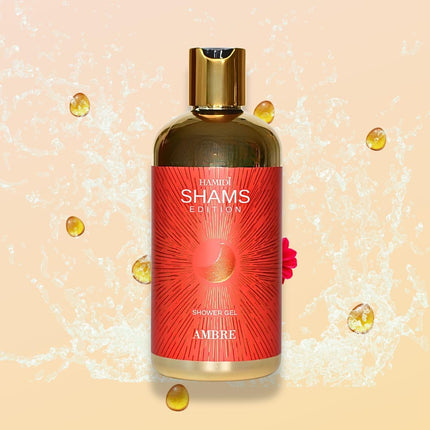 Hamidi Shams Edition Ambre Shower Gel 500ml bottle featuring energizing bubbles - an alcohol free shower gel suitable for all skin types.