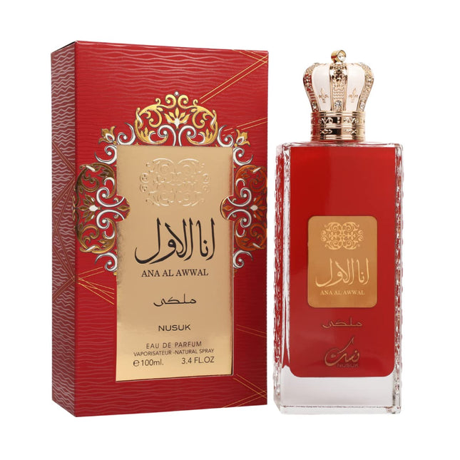 Nusuk Ana Al Awwal Red Eau De Parfum for Women in a stylish glass bottle, representing a long lasting women's perfume with bold citrus floral fragrance.