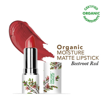 Organic Harvest Moisture Matte Lipstick in Beetroot Red positioned on a vanity, highlighting the elegant packaging and organic formula of this matte lipstick.
