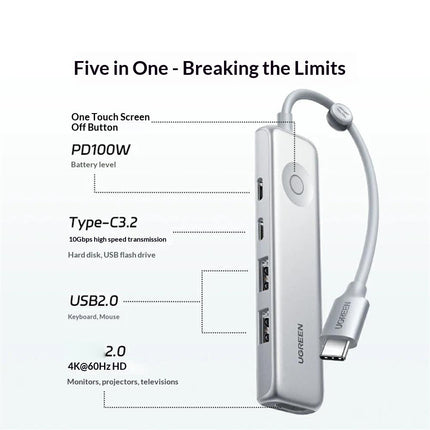UGREEN U601 5-in-1 USB-C Hub – 4K 60Hz, 100W PD, 10Gbps
