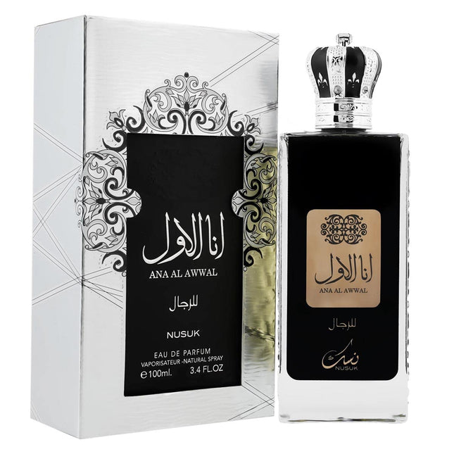 Nusuk Ana Al Awwal Silver Long Lasting Perfume for Men - Bold fragrance with pineapple, lavender, and musk, 100ml bottle.