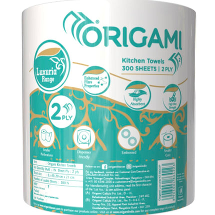 Origami 2 Ply Kitchen Tissue Paper Roll - Pack of 1 (300 Sheets)