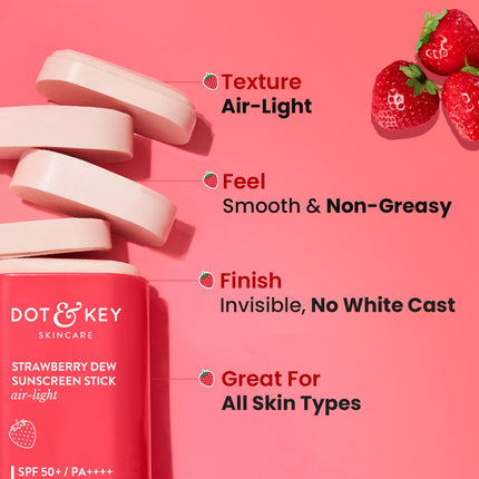 Portable Dot & Key Strawberry Dew SPF 50 Sunscreen Stick, perfect for travel enthusiasts, offers broad-spectrum protection and advanced hydration with hyaluronic acid and ceramide.
