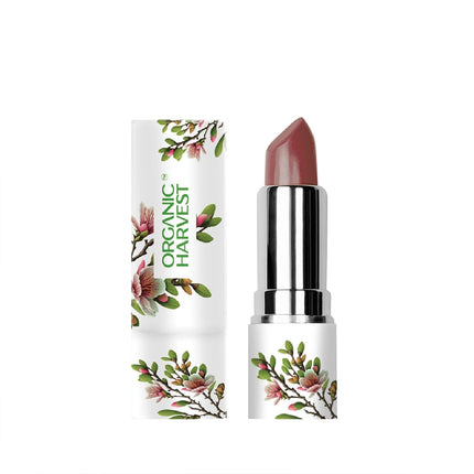 An artistically arranged image of Organic Harvest Moisture Matte Lipstick in Beetroot Red, highlighting its status as a cruelty-free organic matte lipstick.