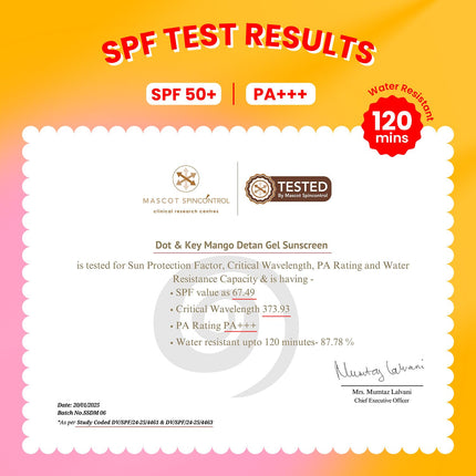 Lifestyle shot featuring Dot & Key Mango Detan Gel Sunscreen SPF 50+ PA+++ in an outdoor setting, exemplifying its water-resistant formula for sun protection.