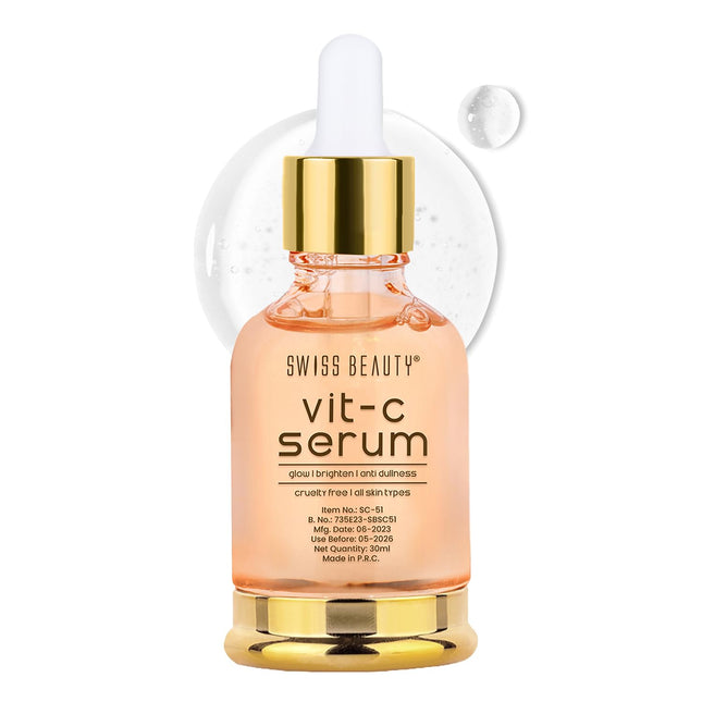 Swiss Beauty Vit C Serum packaging showcasing the benefits of vitamin C serum for brightening and hydration.