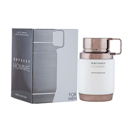 Armaf Odyssey White Edition 2.0 Edp bottle, representing a sophisticated woody aromatic scent designed for confident men.