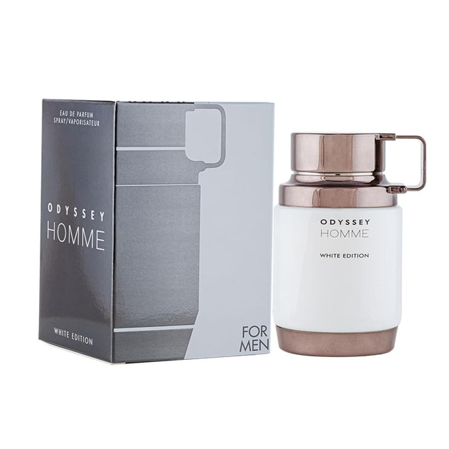 Armaf Odyssey White Edition 2.0 Edp bottle, representing a sophisticated woody aromatic scent designed for confident men.