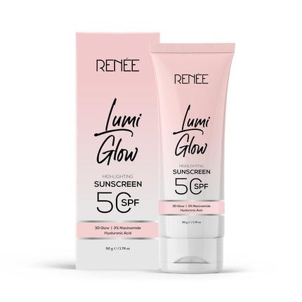 RENEE All Skin Lumi Glow Highlighting Sunscreen With Spf 50, a lightweight and non-sticky luminous glow sunscreen, perfect for daily sun protection without a white cast.