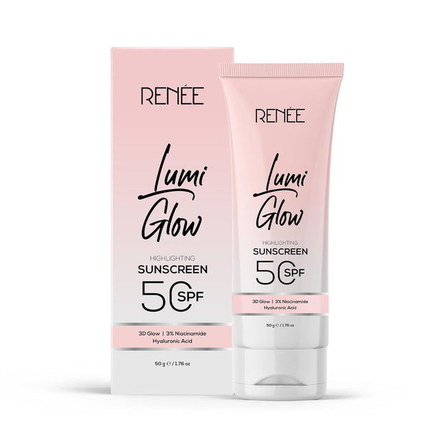 RENEE All Skin Lumi Glow Highlighting Sunscreen With Spf 50, a lightweight and non-sticky luminous glow sunscreen, perfect for daily sun protection without a white cast.