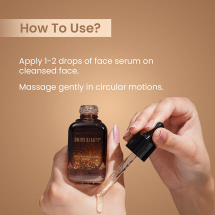 Lifestyle shot of Swiss Beauty 24K Gold Serum on a vanity, highlighting its role in achieving brighter, firmer skin for all skin types.