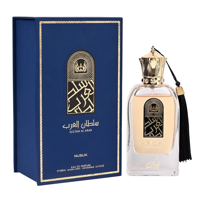 Nusuk Sultan Al Arab Eau De Parfum for Men in an elegantly designed glass bottle showcasing the bold spicy woody fragrance that combines cardamom, pink pepper, sage, vanilla, amber, and marron glacé.
